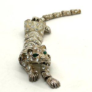 Vintage Articulated Brooch Rhinestone Leopard Shoulder Silver-Tone & Gold-Tone